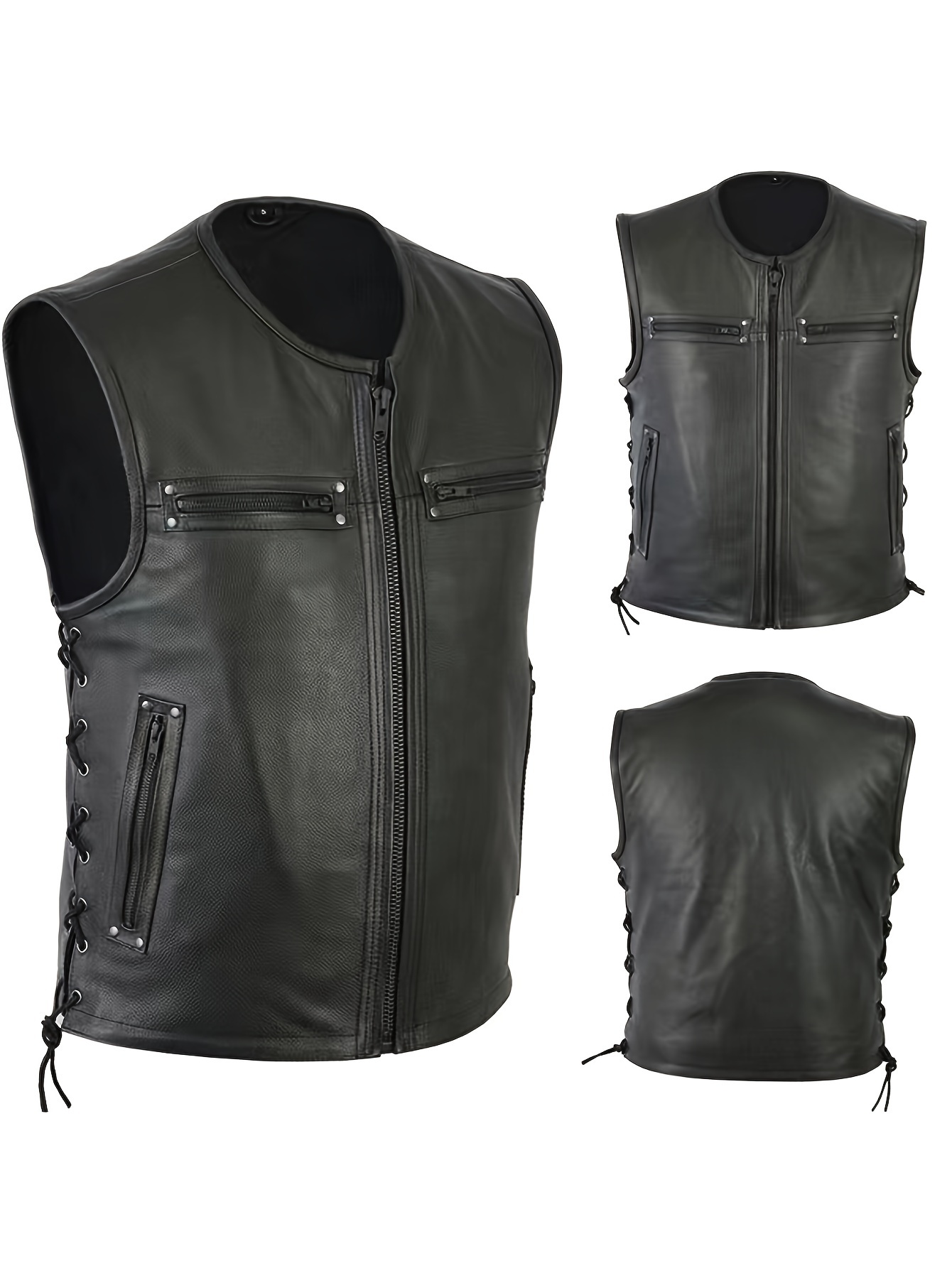 Leather Work Vest For Men - Mannen Effen Kleur Vest Motorfiets Fleet