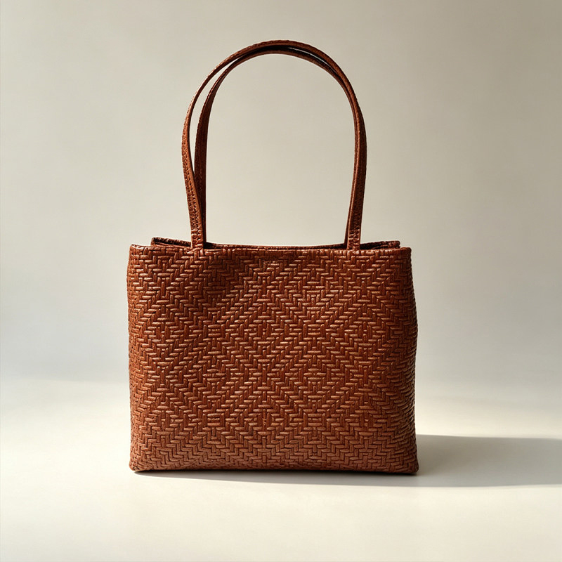 Leather Work Bag Women - Mendy Echt Leder Geweven Print Grain